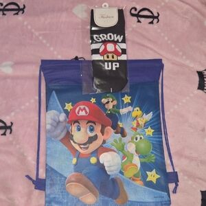 Kids Drawstring Backpack with Super Mario Print - Blue WITH SOCKS